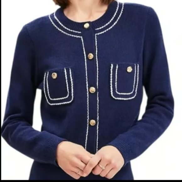ANN TAYLOR LOFT TOPSTITCHED NAVY WHITE GOLD BUTTON SWEATER JACKET CARDIGAN XXSP - Picture 2 of 7
